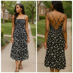 Kimchi Blue Urban Outfitters Black Floral Open Back Tiered Midi Dress S